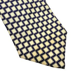 Brooks Brothers Mens Silk Tie Yellow Navy Blue Geometric Rope Lattice Made USA